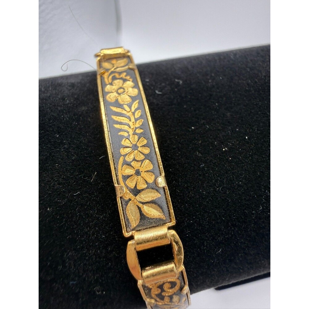 Vintage Damascene Bird Flower Black Gold Panel Link Bracelet 7.5"
